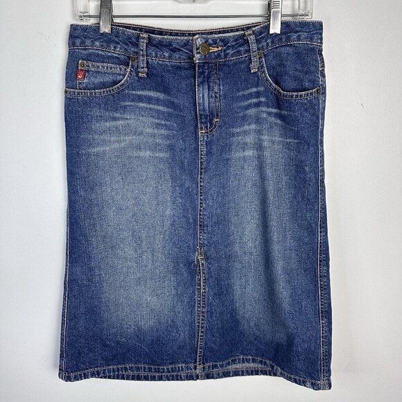 Y2K Denim‎ Knee Length Skirt Front Slit Med Modest Retro Faded Western - Picture 1 of 12
